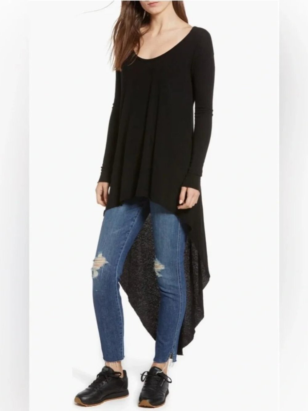 Frank & Eileen Tee Lab High Low Black Tunic Top L Long Sleeve Raw Hem Cotton